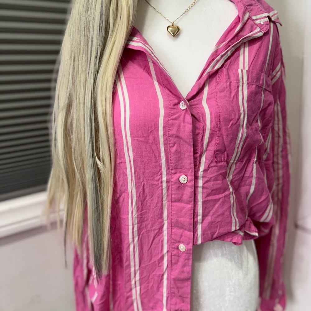 Marine Layer Retro Pink Stripe Button-Down | Coastal Vintage Vibe | Medium